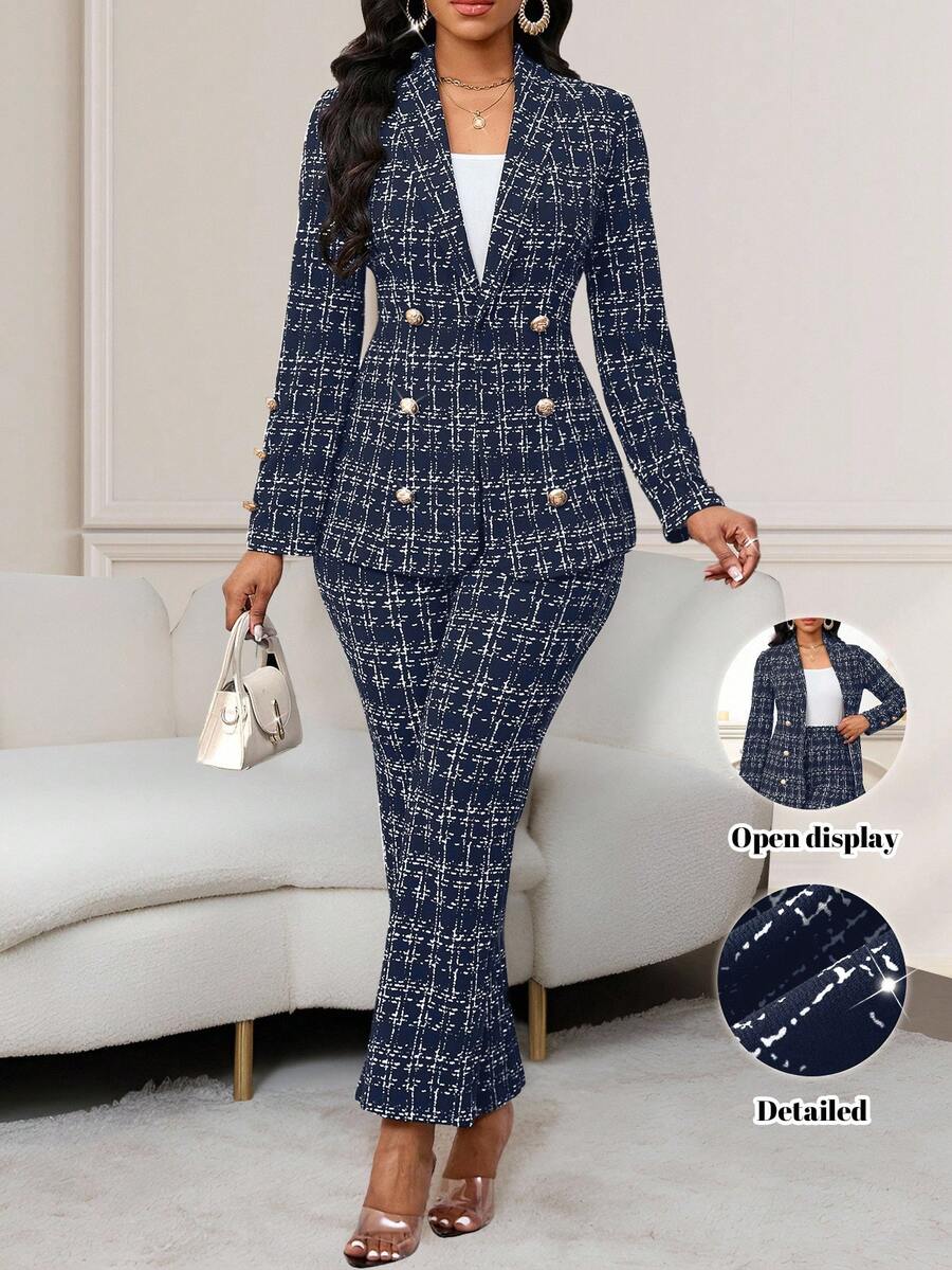 SHEIN Lady 2025 New Navy Blue Tweed Printed Women's Two Pieces Set Elegant Commuter Women's Two Pieces Set - Navy Blue - View 1