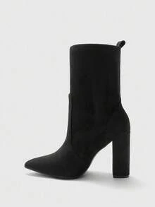 CUCCOO BIZCHIC Botas de tacón grueso de media pantorrilla con punta puntiaguda negro para mujer, adecuadas para ir al trabajo, citas, fiestas y vacaciones - Negro - Ver 9