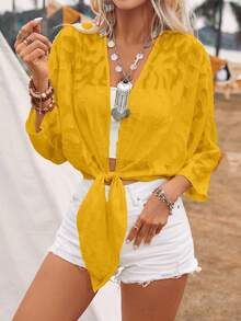 EMERY ROSE Women's Vacation Jacquard Knotted Waist Batwing 3/4 Sleeve Loose Fashion Blouse