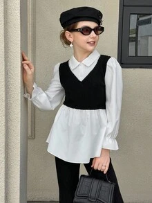 Streelcool Girls Blouse,Black And White Elegant Faux Fur Knit Ribbed Patchwork Shirt,High Waist Ruffle Hem,Puff Lantern Sleeves,School,Back-To-School - Black and White - View 7