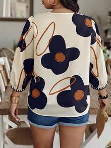 Weeklong Plus Size Women Floral Print V-Neck Lantern Sleeve Loose Blouse - Multicolor - View 2
