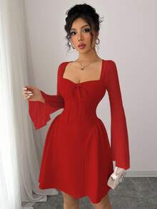 Elenzga Đầm nữ mới thiết kế xếp nếp bên hông bằng lưới trong suốt có cổ nơ, xòe dáng chữ A, thắt eo gợi cảm, sang trọng, thanh lịch, đa năng - Đỏ - Xem 4