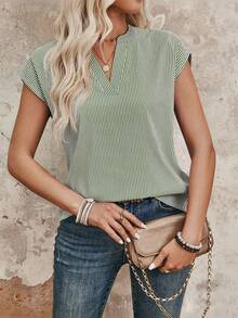 EMERY ROSE Summer Casual Commuting Striped Notched Neck Shirt