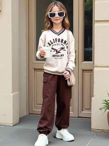 Sparklyn 2 件套青少年女孩休闲时尚运动日常通勤美式棒球风格 Polo 领宽松长袖上衣和舒适工装裤，秋冬 - 卡其色 - 查看 5