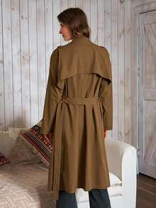 女士复古经典双排扣翻领系腰休闲中长款风衣，LanaWest - 棕色 - 查看 2