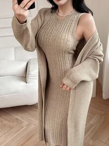 DAZY Women's Elegant Sleeveless Dress & Long Cardigan Two Pieces Set, Autumn - Khaki - View 5