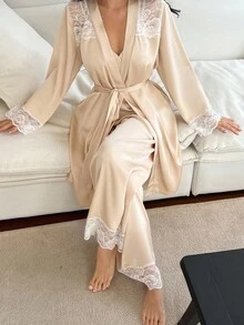 DAZY Charming Satin & Contrast Lace Women Pajama Set, Fall Clothes - Apricot - View 1