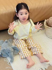 DAZY 2 Stücke/Set Kleinkind Mädchen Lässig Rundhals Langarm Top und karierte locker sitzende Hose Pyjama Set