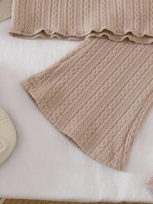 2 Stücke Baby Mädchen bequemes, lässiges Strick-Textil-Set mit Rüschen, Schleifen-Dekor, Langarm-Top und weitem Bein-Hose, geeignet für Frühling, Herbst & Winter Alltagsmode