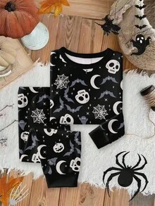 Toddler Boys' Halloween Pajamas Set, Black Base With Skull, Bat, Pumpkin, Spider Web, Moon Prints, Stretchy Knit Fabric, Comfortable Long Sleeve Top And Pants  Snug Fit Tight Fit Pajamas Boys Halloween Pajamas Toddler Boys Pajama Sets Boys 2 Piece Pajamas Halloween Boy Clothes Snug Fit Tight Fit Pajamas Fall Winter - Multicolor - View 3
