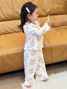 DAZY 2件套幼儿女童卡通印花舒适休闲睡衣套装 - 米色 - 查看 6