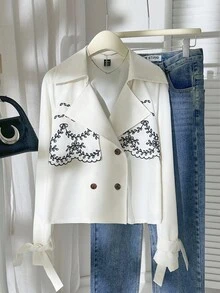 Modelyn Women's Embroidered Hollow Out Lapel Collar Long Sleeve Double-Breasted Regular Jacket Winter Jacket - Apricot - View 3