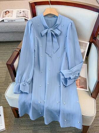 Regalyn Plus Size Summer Elegant Pearl Decor Collar Tie Front Dress Fall Cloth For Women