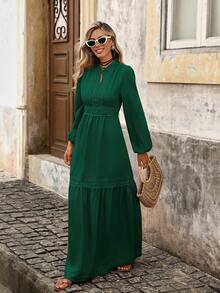 Brillora Váy Maxi Tay Dài Ôm Eo Màu Trơn Phong Cách Đường Phố Cho Nữ - Màu xanh lá cây đậm - Xem 3