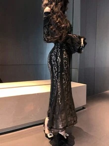 DAZY Elegante abito midi da donna con spalle scoperte, maniche a campana e fondo a sirena, adatto per feste in autunno - nero - Visualizzare 2