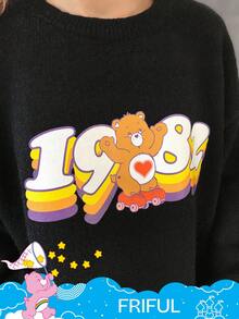 FRIFUL SHEIN X Care Bears Women's Loose Fit Crew Neck Cartoon Pattern Thermal Lined Thick Sweater - Black - View 2