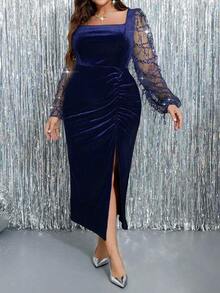 DreamSkyne Plus Size Women Velvet Patchwork Sequin Mesh Sleeve Split Hem Bodycon Dress Maxi Women Outfit Fall - Navy Blue - View 5