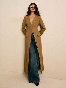 Poéselle Áo khoác dài tay dài cổ bẻ cài nút đơn dành cho nữ mùa thu/đông - màu nâu - Xem 5