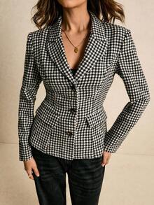 Poéselle 女士千鸟格单排扣优雅西装外套，女士冬季外套，优雅办公通勤装，新年佳节，适合日常穿着、外出、通勤、秋冬季 - 黑與白 - 查看 5