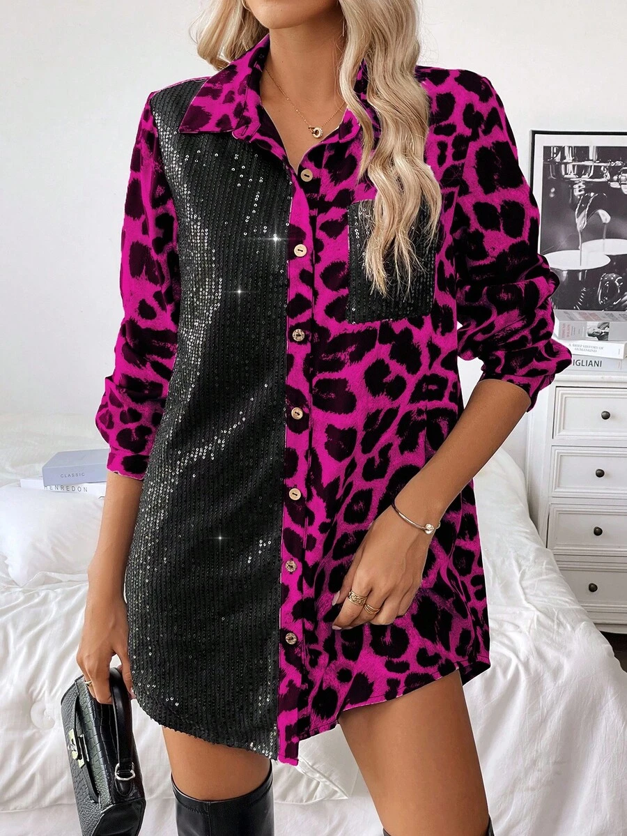 EMERY ROSE Áo sơ mi dài tay rộng rãi họa tiết da báo cho tiệc âm nhạc mùa thu đông thường ngày tại nhà ngày lễ hội màu đen đính nút sequin - Màu Hồng Tươi - Xem 1