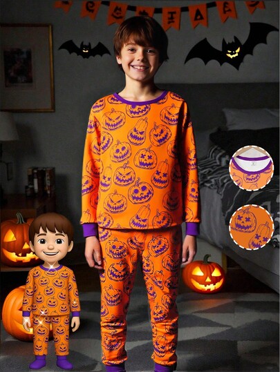 Boys' Halloween Themed Glow-In-The-Dark Pumpkin Print Knit Stretchy Fabric Snug Fit Long Sleeve Top And Pants 2 Pieces Pajama Set Fall Winter