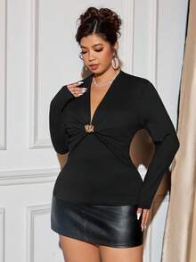 Cravure Áo thun tay dài cổ chữ V khoét sâu màu trơn tối giản dành cho nữ cỡ lớn, mùa thu/đông - màu đen - Xem 4