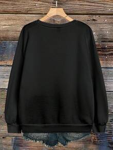 EMERY ROSE Plus Size Women's Love Letter Heart-Shaped Pattern Printed Round Neck Sweatshirts - Black - View 2