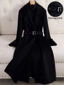 SHEIN Clasi Clasi加大码女式纯色V领长袖系腰优雅大衣，秋冬季 - 黑色 - 查看 1