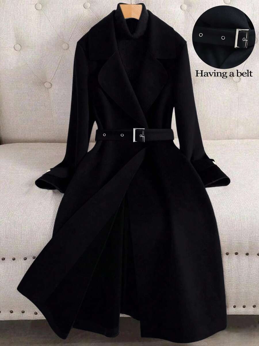 SHEIN Clasi Clasi加大码女式纯色V领长袖系腰优雅大衣,秋冬季 - 黑色 - 查看 1