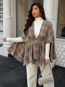 SHEIN LUNE Plus Size Plaid Print Cutout Cloak Button Decor Elegant Casual Jacket Fall Winter Cloth For Women Autumn - Brown - View 3