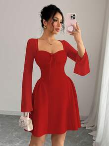 Elenzga Đầm nữ mới thiết kế xếp nếp bên hông bằng lưới trong suốt có cổ nơ, xòe dáng chữ A, thắt eo gợi cảm, sang trọng, thanh lịch, đa năng - Đỏ - Xem 7