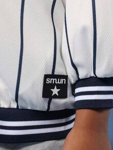 SUMWON 男童棒球校队飞行员夹克条纹纽约标志经典复古运动风格春秋季休闲外套白色海军蓝 - 藍白色 - 查看 7