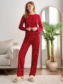 EURMUSE Women 2 Pcs Fuzzy With Striped Heart Pattern Long Sleeve Shirt&Pants Homewear Comfort Set - Red - View 5