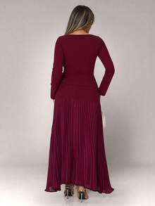 Xyvia 2pcs Women Set: Solid Color Button Front Top And Pleated Skirt Fall Cloth For Women - Burgundy - View 2