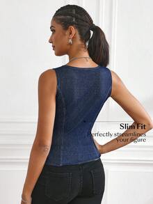Flexra 女式圆领单排扣修身牛仔背心 - 深色水洗藍 - 查看 2