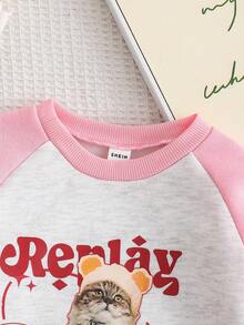 Genkimix Kids Áo nỉ Raglan vai màu khối Genkimix cho bé gái, thiết kế in hình mèo dễ thương, phong cách ngọt ngào và đáng yêu, thích hợp mặc vào mùa xuân, mùa thu, mùa đông, thích hợp mặc đi chơi, đi học, mặc thường ngày - Hồng - Xem 6
