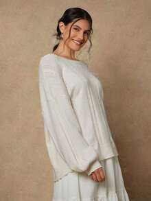 SHEIN VCAY Plus Size Contrast Color Tie-Up Long Sleeve Pullover Sweater Autumn Winter - Beige - View 5