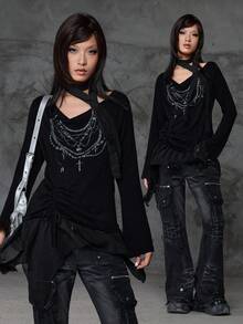 ROMWE Grunge Punk Bloopia Camiseta de manga larga de punto con estampado digital, cuello caído y escote alto, para mujer, estilo coreano casual, rejuvenecedor, para otoño/invierno y Halloween, de alta gama, con collar de perlas