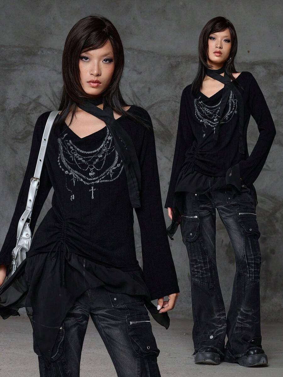 ROMWE Grunge Punk Bloopia Camiseta de manga larga de punto con estampado digital, cuello caído y escote alto, para mujer, estilo coreano casual, rejuvenecedor, para otoño/invierno y Halloween, de alta gama, con collar de perlas