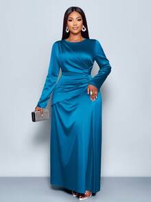 SOLERSUN Women's Elegant Solid Color Ruched Side Satin Bodycon Dress,Suitable For Dating Party Maxi Women Outfit Fall - Teal Blue - View 4