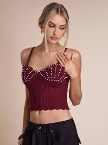 SHEIN BAE Women's Faux Pearl Strap Hollow Design Cropped Knit Top - Burgundy - View 8