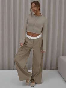 MUSERA 不对称撞色腰带褶裥阔腿西装裤，优雅可爱性感街头风，适合夜间外出和春季穿着。 - 卡其色 - 查看 1