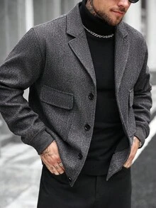 Manfinity CasualCool Cappotto casual invernale da uomo in lana, monocolore, con spalle regolari, maniche lunghe, bottoni davanti e lunghezza corta - Grigio Scuro - Visualizzare 3