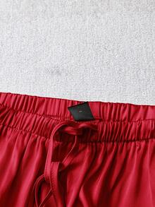 SHEIN LUNE 女士休闲亮面缎面低腰阔腿裤，适合简约休闲和通勤穿搭，春夏缎面裤，休闲款 - 紅色 - 查看 6