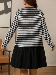 SHEIN LUNE Plus Size Women's Striped Patchwork Solid Hem Mini Dress,Long Sleeves Round Neck A-Line Ruffle Hem Black And White,Autumn,Casual,Everyday Fall Clothes - Black - View 5