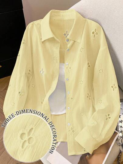 Airaco Camisa feminina minimalista casual de manga comprida e oca, cor sólida