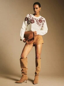 Poéselle Casual Retro Round Neck Long Sleeve Women Sweater In Fall/Winter,Cozy Fall And Winter Clothes For Women - Beige - View 7