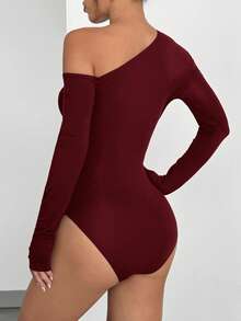 SHEIN EZwear 女士单肩勃艮第酒红色连体衣 - 酒紅色 - 查看 2