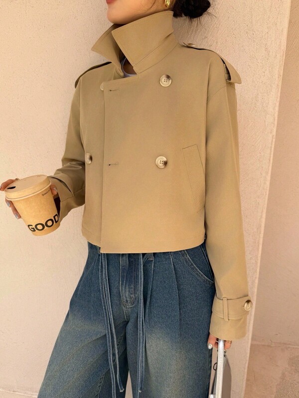 K-Vae Women's Autumn And Winter Khaki Daily Korean Style Short Windbreaker, Old Money Style,Alloween Costumes,Chic Autumn