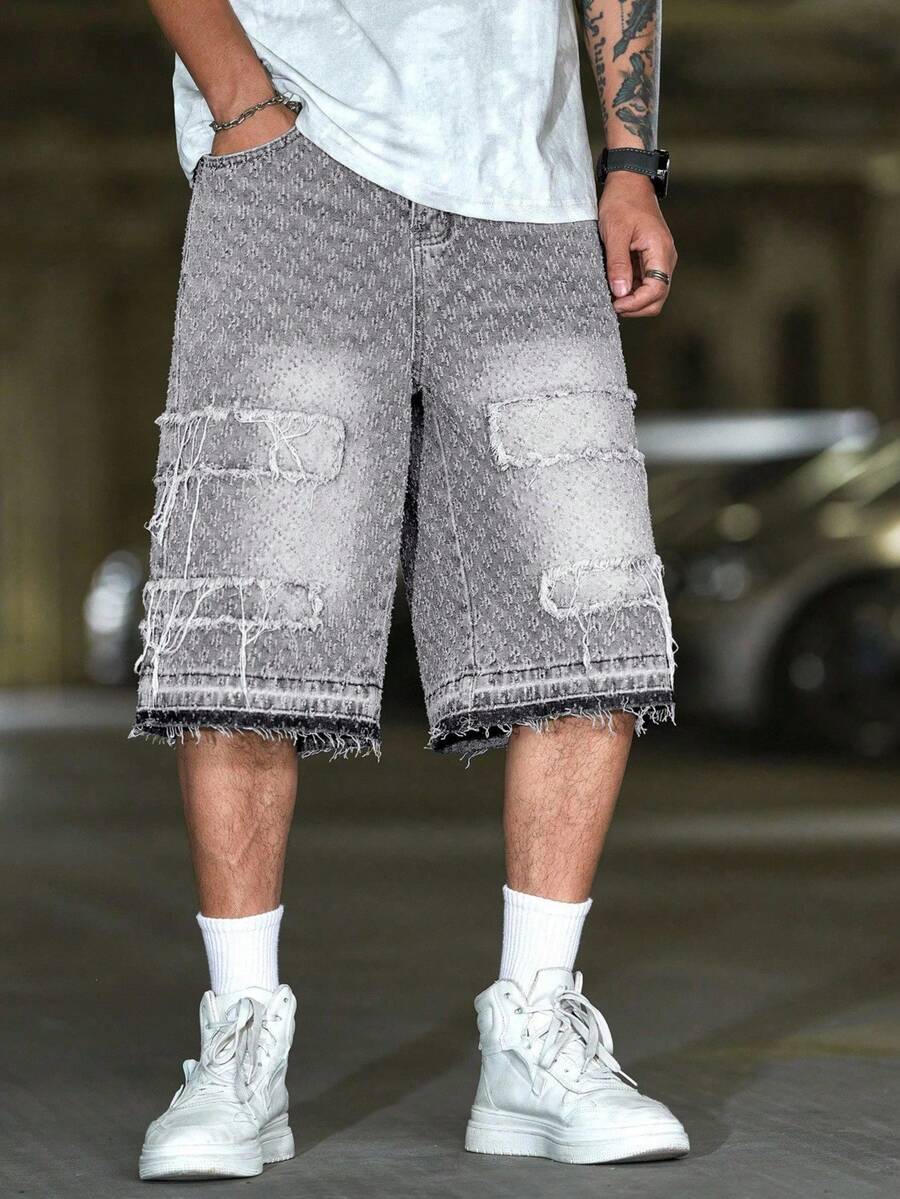 Manfinity Roughcore Quần short denim dáng rộng, đơn giản, phai màu dành cho nam - Màu Xám nhạt - Xem 1